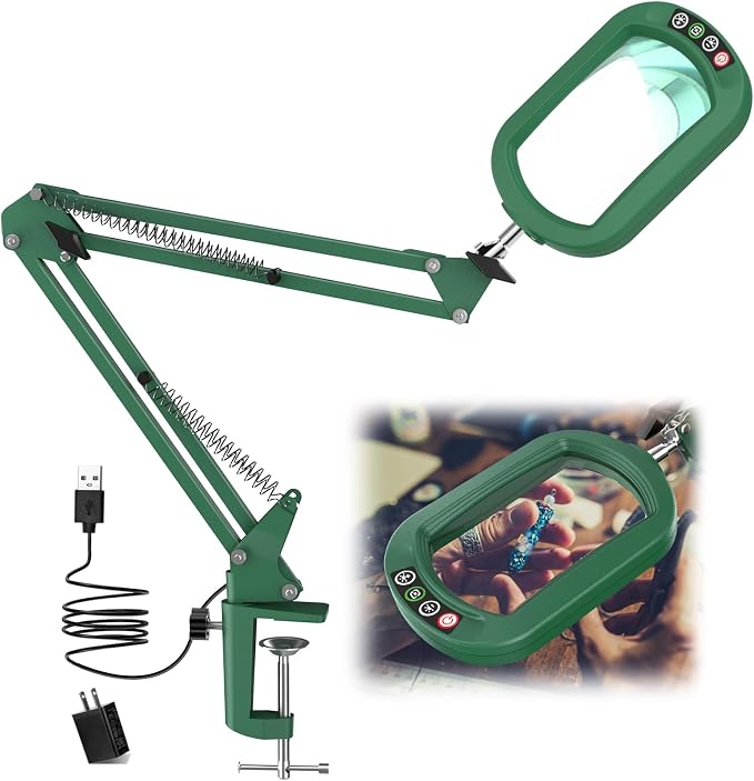 IVMAIE 12X Rectangle Magnifying Glass with Light, 5 Color Modes Stepless Dimmable Magnifier with Stand, LED Lighted Clamp Desk Lamp with Swing Arm, Hands Free for Reading Painting Close Work - Green