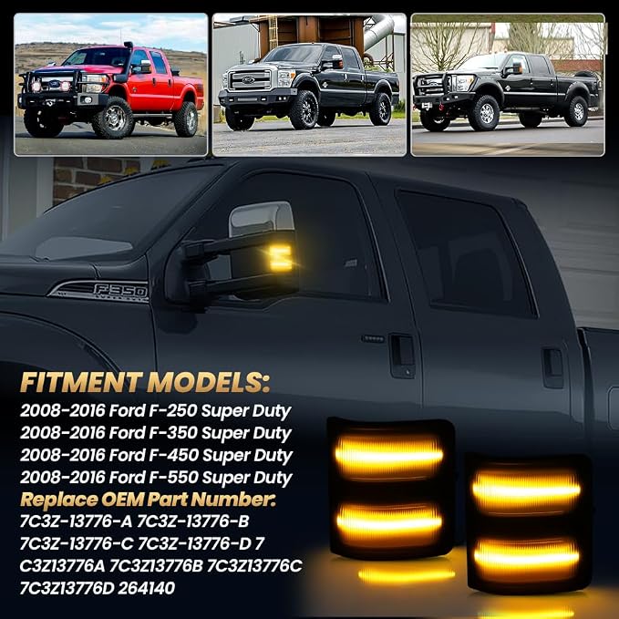 Side Mirror Lights Smoked Lens Amber for 2008-2016 Ford F250 F350 F450 F550 | LED Side Mirror Marker Lights, Amber Turn Signal Mirror Light, Replace OEM Mirror Marker Lamps, Pack of 2