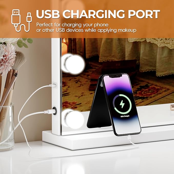 ZL ZELing Vanity Mirror Makeup Mirror with Lights,31.49" x 23.62"Large Tabletop Light up Mirror with 18Bulbs,10X Magnification,USB Charging Port,3 Color Touch Control Dimmable Lights.