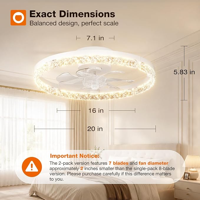 addlon 2 Pack 20 Inch Low Profile Ceiling Fans with Lights, Remote, White | Flush Mount Fandelier, 3CCT Dimmable LED, Bluetooth App/Remote, Timer, Memory, Reversible DC Motor, Bedroom/Kids room