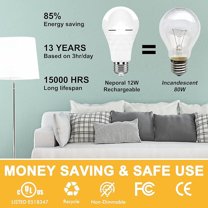 Neporal A19 Rechargeable Light Bulbs, Socket Rechageable Battery Backup for Power Outages, Emergenecy Light Bulbs for Power Failure, Hurricane, Led Bulb 60 Watt Equiv., (Daylight-6 PK)