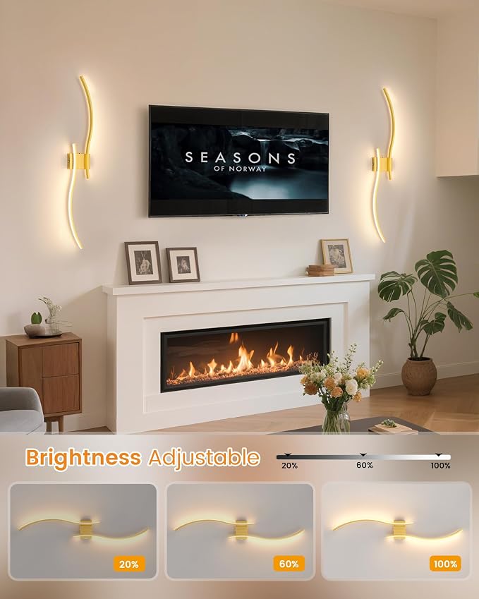 VOLISUN Battery Operated Wall Sconces Set of Two, 39.4 inch Wireless Wall Sconces, 3000K-6500K Dimmable Wall Lamps with Remote, Rechargeable Gold Wall Lights for Living Room, Hallway, Bedroom