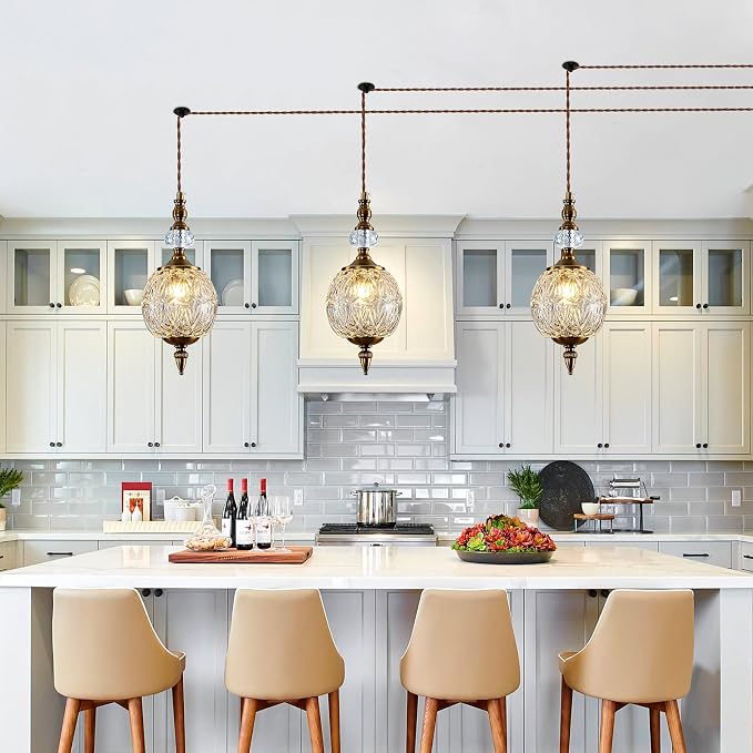 Piepooye Vintage Plug in Gold Glass Pendant Light for Kitchen Island | Antique 4.72" Mini Adjustable Hanging Ceiling Light Fixture Dining Room Bedroom Foyer Entryway