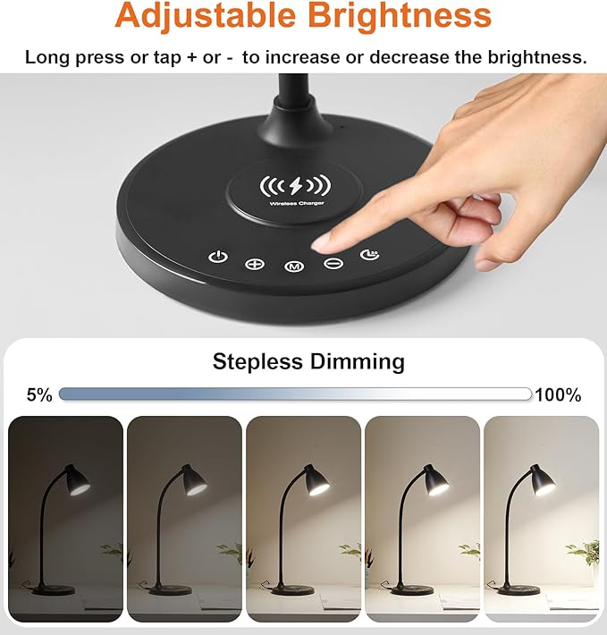 BOHON Desk Lamp for Home Office with USB C+A Charging Ports Timer Black | LED Desk Light with Wireless Charger 5 Colors Stepless Dimming Reading Light Touch Bedside Table Lamp for College Dorm Room