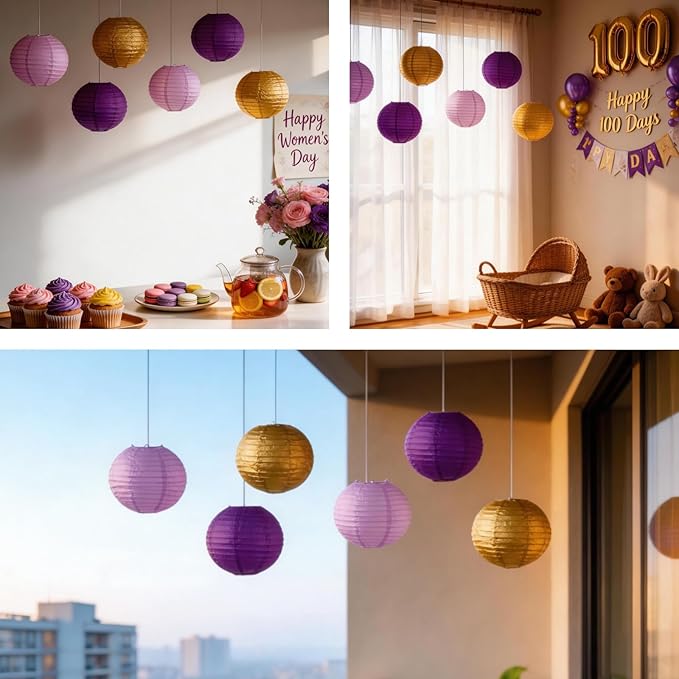 Chinese Paper Lanterns - Pack of 10, 10-Inch Purple/Gold Hanging Lights for Birthday Party Decorations, Ceiling Decor, Rainbow Classroom, Wedding, and Home Party