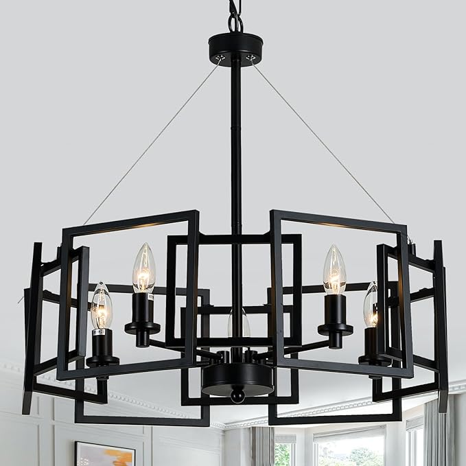 ZGLAOJT Modern Chandelier Black Geometric Pendant Lighting Fixture 5-Light Metal Farmhouse Chandelier for Dining Room Living Room entryway Kitchen Bedroom Island