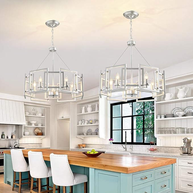 ZGLAOJT Modern Chandelier Chrome Geometric Pendant Lighting Fixture 5-Light Metal Farmhouse Chandelier for Dining Room Living Room entryway Kitchen Bedroom Island