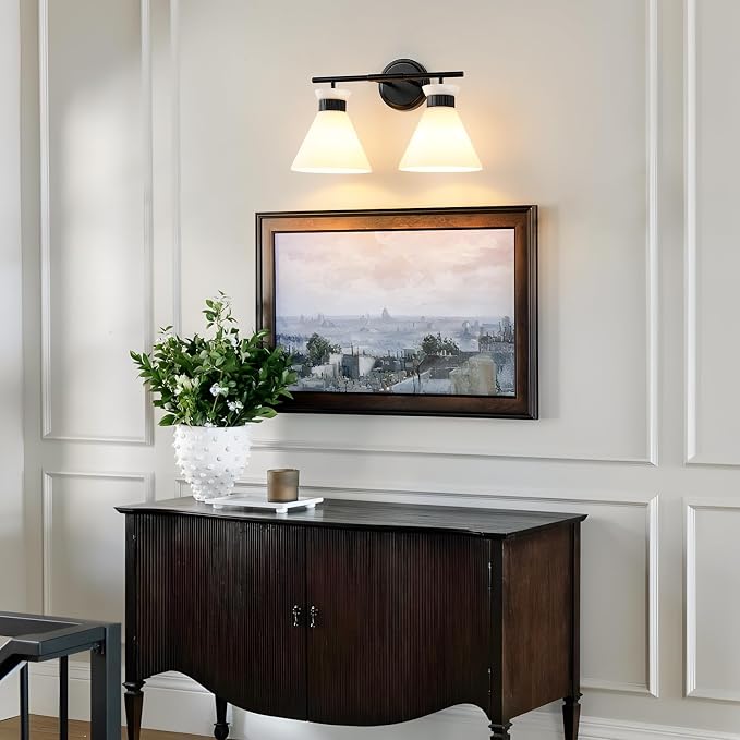 WOSHITU Black Bathroom Vanity Light Fixtures: Bathroom Lighting Fixtures Over Mirror 17.3 inch with Milky White Frosted Glass, 2-Lights Mid Century Modern Vanity Lighting Wall Light(Exclude Bulb)