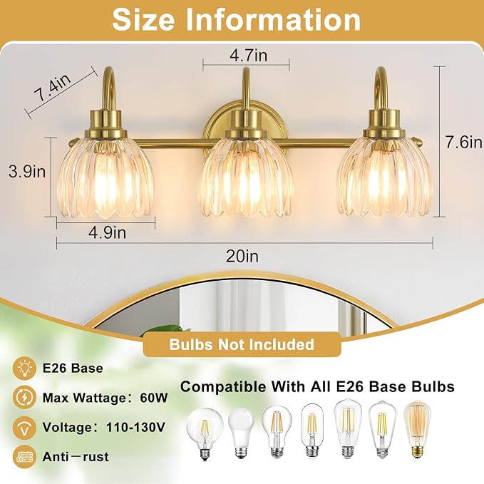 Bathroom Light Fixtures (3-Light, 20 Inch), Brushed Gold Vanity Lights for Bathroom with Ribbed Clear Tulip Glass Shade, Vintage Vanity Wall Lights for Mirror Bedroom Living Room Hallway