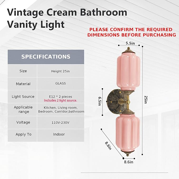 Vintage Vanity Light - 2-Light Wall Sconce with Brass Finish Base & Green Glass Shade - Wall Sconce Lighting for Mirror, Kitchen, Living Room, Gallery (Bulbs Included) (Pink)