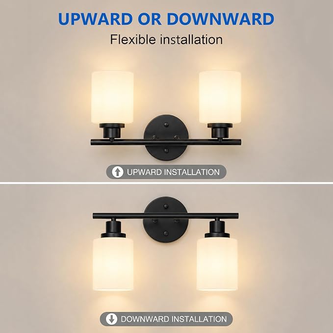 2 Light Bathroom Light Fixtures, Modern Vanity Lights with Milky Glass Shade, Black Wall Lamp Over Mirror for Bathroom, Living Room, Cabinet, Bedroom, E26 Base