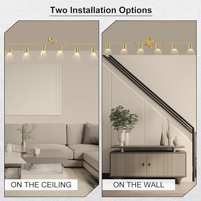 AUQUEE 6 Light Track Lighting Fixtures Ceiling, Gold Kichen Track Lighting Fixtures with Rotatable Light Heads, Foldable Lamp Arms, Modern LED Track Lights for Kitchen/Hallway, No GU10 Bulb