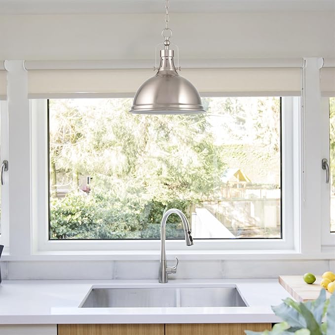 Kira Home Belle 14" Modern Industrial Pendant Light for Kitchen Island | Classic Dome Metal Shade, Retro Mid-century Profile Design, Premium Brushed Nickel Finish Ceiling Hanging Fixture