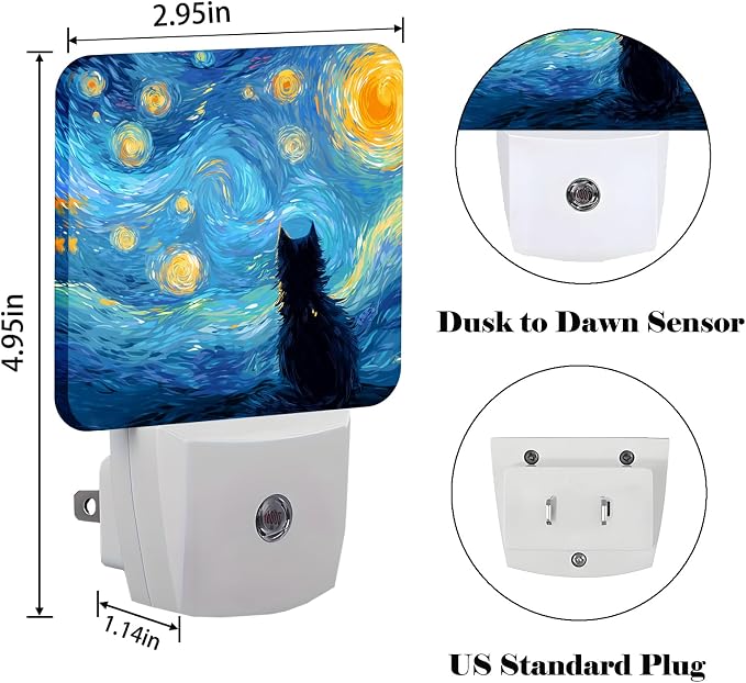 Starry Night Black Cat Night Light,Plug-in Nightlights Auto Sensor Night Lamp Dusk-to-Dawn Lamp Home Decor for Nursery Children Girls Boys