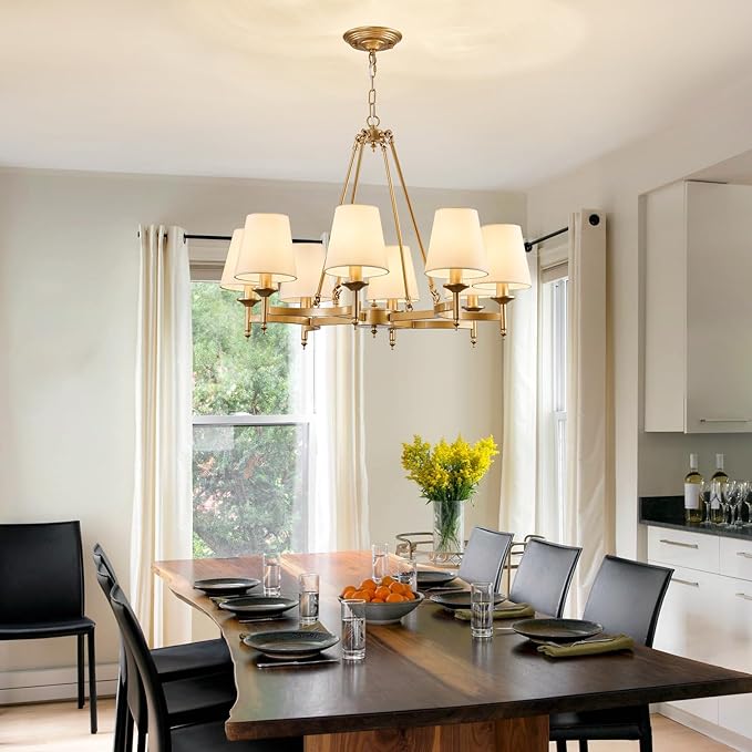 29.9inch 8-Light Gold Chandelier with White Linen Fabric Shade Large Farmhouse Ceiling Light Fixture Industrial Adjustable Hanging Pendant Light for Dining Room Living Room Kitchen Bedroom