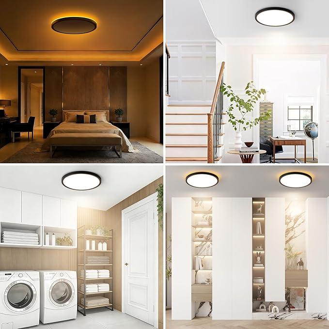 Brightever 12 Inch LED Flush Mount Ceiling Light Fixture with Night Light, 24W 2400LM Modern Ceiling Light, 2700K/3000K/4000K/5000K/6500K Selectable & Dimmable Ceiling Lamp for Bedroom, Black, 1 Pack