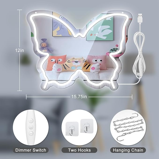 Butterfly Neon Sign Mirror, LED Neon Sign for Wall Decor, 15.7'' x 12'' Dimmable Neon Light for Teen Girls & Kids Birthday Gift, Neon Signs for Room Decor, Wall Mirror, USB Powered (Daylight White)