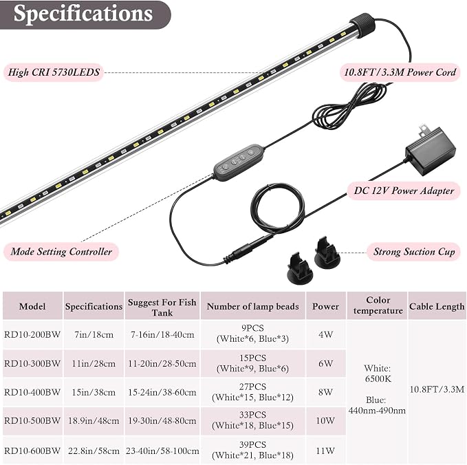 Dirvin LED Fish Tank Light with Timer, 24/7 Mode & 3 Color Aquarium Light | Submersible Adjustable Brightness, IP68 Waterproof, Sunrise-Daylight-Moonlight, Auto On/Off for fresh and salt water, 11W