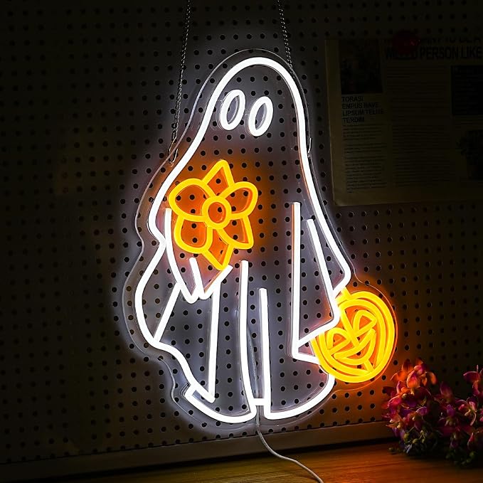 Ghost Neon Sign for Wall Decor Dimmable USB Powered Pumpkin Led Light sign Halloween Ghost Neon Light for Halloween Party Game Room Neon Decor (Yellow White)