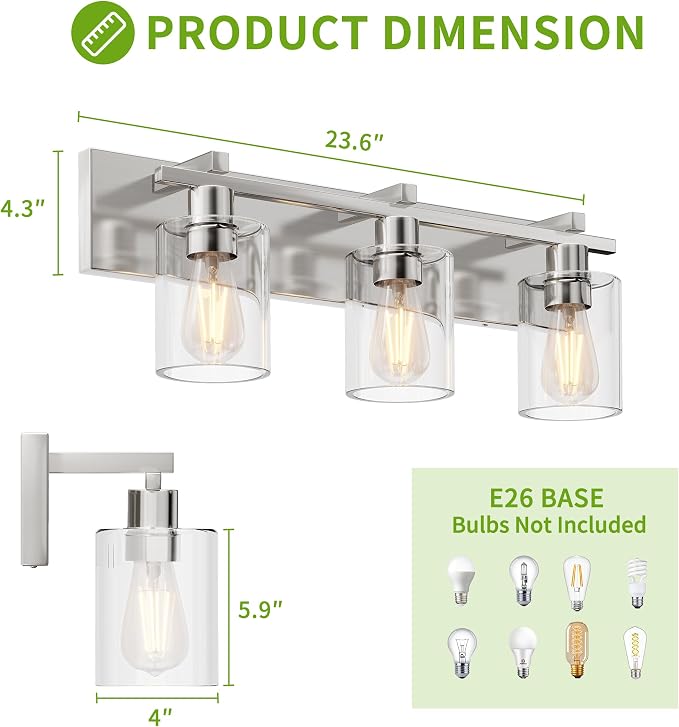 3-Light 21inch Brushed Nickel Vanity Light, Thickened Clear Glass | Over Mirror for Bathroom, Rust Resistant, E26 Base, Easy Install, Removable Glass Shade Horizontal Mount, Dimmable