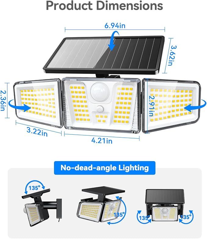 KOOPER 4 Pack Solar Flood Lights, 210 LED Motion Sensor Outdoor Lights, Solar Motion Lights Outdoor Waterproof, 3 Heads 300° Wide Angle Outdoor Security Lights for Yard Patio Garage Entryways, Black