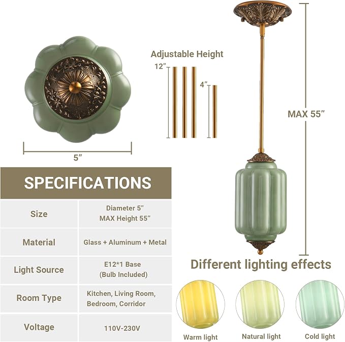 LOUSACE 5.5 in Vintage Milk Glass Ceiling Light Fixture, Antique Green Semi Flush Mount Milk Glass Pendant Light, Farmhouse Ceiling Light for Kitchen Hallway Dining Room, LED Bulb Included
