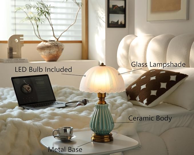 Glivpny 16" Vintage Ceramic Table Lamp forBedroom,Mushroom Lamps(LD004) | Mid Century Modern Ceramic Lamps for Living Room,Retro Bedside Glass Lamps, Classic Chinoiserie Green Lamp for Home Decor
