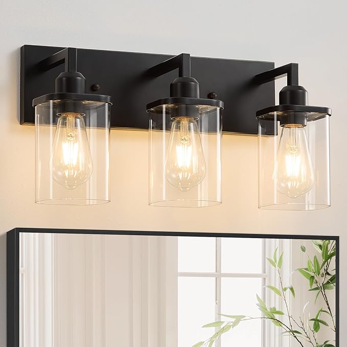 3-Light Bathroom Vanity Light Fixtures, Modern Matte Black Bathroom Lighting Fixtures Over Mirror with Square Clear Glass Shades, Bath Wall Sconce Lights for Dressing Table, Bedroom, Hallway