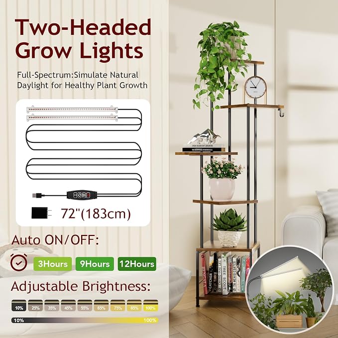 Plant Stand Indoor with Grow Light - 6-Tier Metal Plant Shelf with Hanging Basket Hook, Corner Tall Flower Holder for Multiple Plants, Living Room Balcony Garden Patio, Rustic Brown