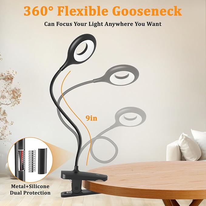 Clip on Light Rechargeable with Large Clamp, Battery Operated Bed Headboard Reading Lamp - 5 Colors 5 Brightness, Flexible Arm Book Light at Night for Kids Desk Bunk Metal Bed Frame (Black)