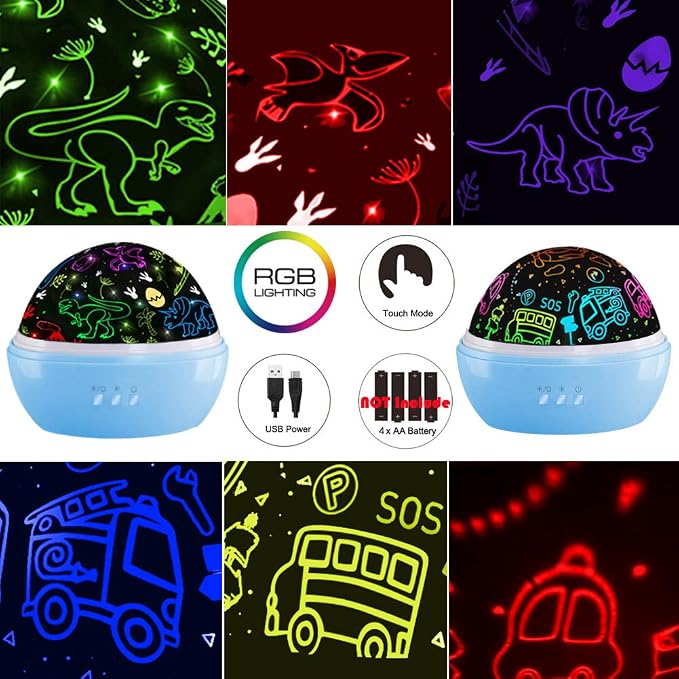 JKGIFTS Night Light for Kids Toys,Dinsoaur Night Light Projector,360° Rotating Cars Lights for Bedroom Decor,Birthday Gifts for Kids Baby Sensory Toys Autism