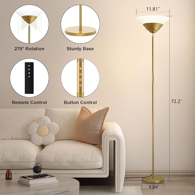 Torchiere Floor Lamp, 30W Dimmable LED Standing Lamp with Remote/Button Control, 1800Lm, 3000-6500K, 72in Bright Standing Pole Light for Living Room Bedroom Office Corner,Gold