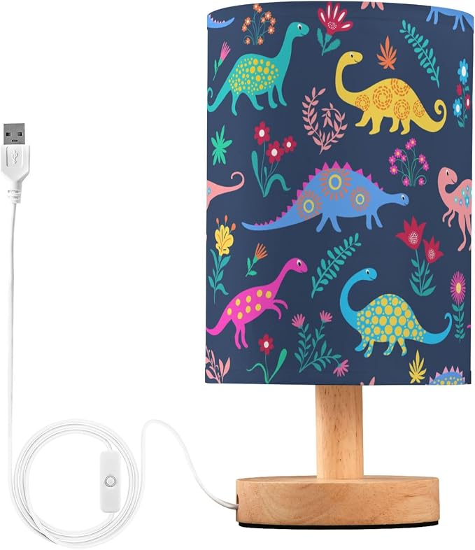 Table Lamp Dinosaur Floral Pattern Nightstand Lamp with Wood Base Fabric Lamp Shade Bedside Desk Lamp for Living Room Bedroom Kids Room Office