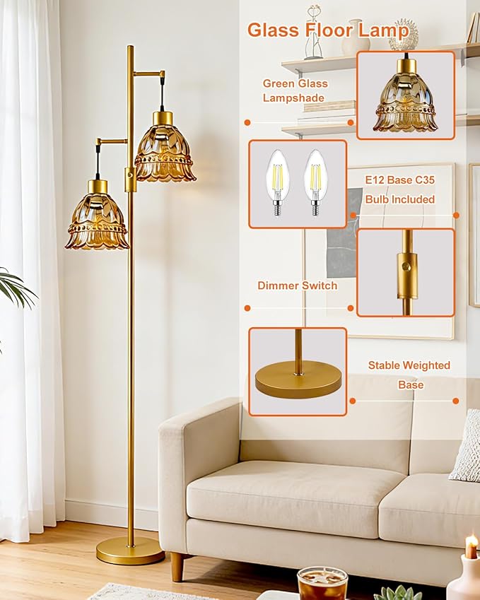 Lightdot 65IN Glass Floor Lamp for Living Room, 2- Light Gold Flower Floor Lamps with Brown Glass Lampshade, 3000K Warm White Modern Standing Tall Lamp for Bedroom Corner