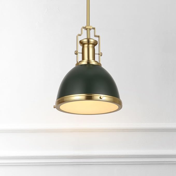 JONATHAN Y Homer Industrial Dome Pendant 10", Kombu Green/Brass Gold | 1-Light, Farmhouse Style, Adjustable Hanging Height, Glass Diffuser, Sloped Ceiling Compatible, Metal, LED Bulb Included
