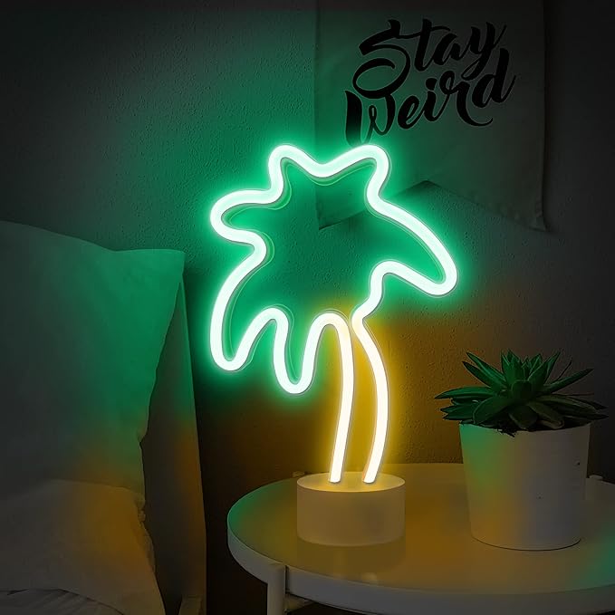Lumoonosity Palm Tree Lights - Green & Yellow Palm Tree Neon Sign for Bedroom, Game Room - Battery/USB Powered Coconut Trees Neon Light with Stand for Desktop & Tabletop