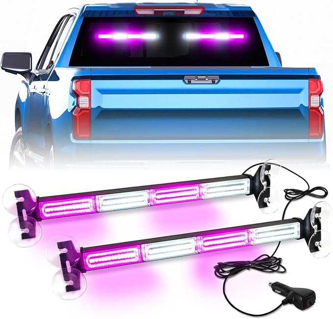 Emergency Lights Interior Windshield Strobe Volunteer Firefighter Lights Warning Hazard Safety 2x17.7 Front/Rear Windshield Light Bar for Vehicles Trucks, Purple/White