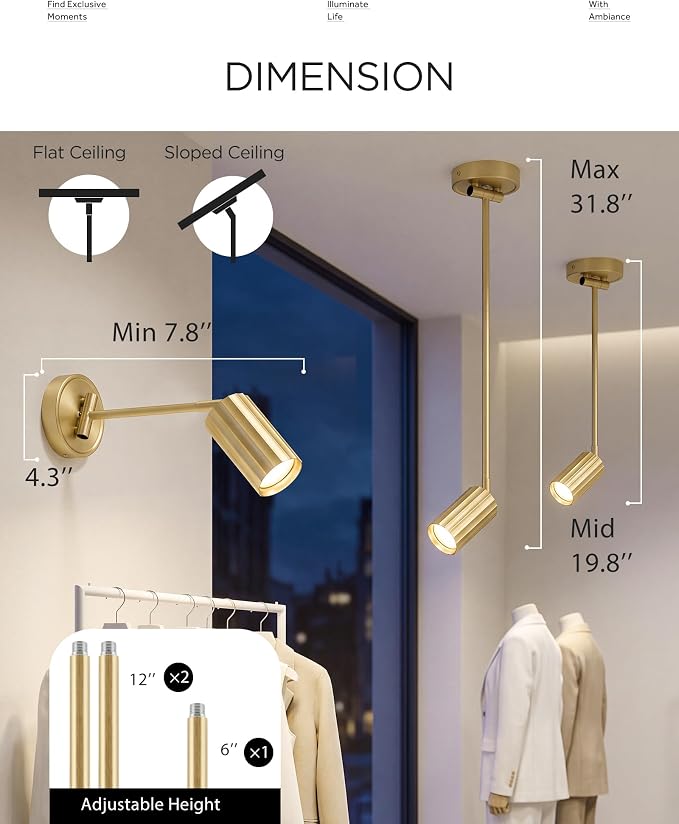 FEMILA LED Track Lighting Fixtures, Bulb Included, Brushed Gold | Swing arm wall sconce adjustable-length, GU10 base wall or ceiling mounting for study, living room, bedside