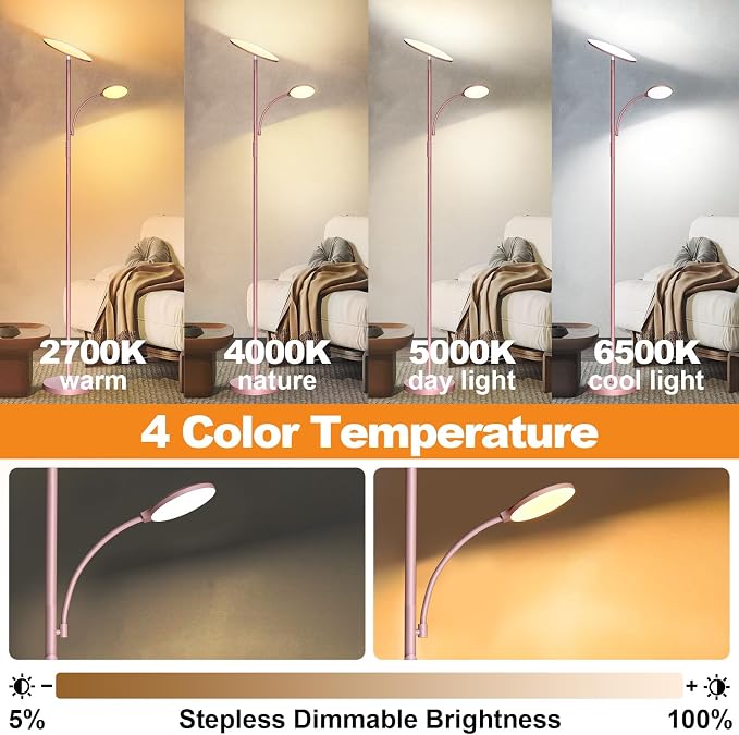 marctronic Pink Floor Lamps for Living Room, 44W/4500LM Super Bright 2 in 1 LED Floor Lamp with Remote, Stepless Dimmable, 69" Tall Standing Floor Lamp with Bendable Reading Light for Bedroom Office