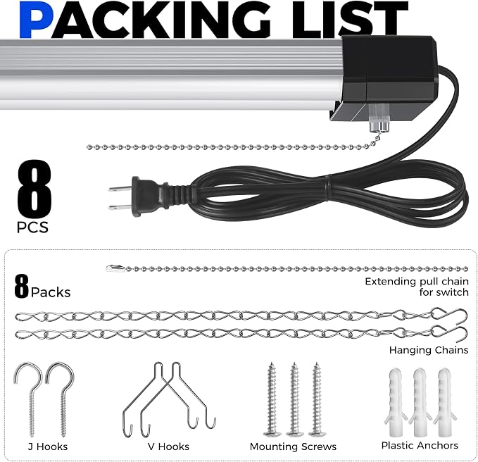Barrina BS42a LED Shop Lights 4FT for Workshop, 42W 4800LM 5000K, 8 Packs | 4FT for Garage Warehouse, Hanging or Flush Mount, Linkable to 10, Hidden Wiring, with Pull Chain Switch, Frosted Cover