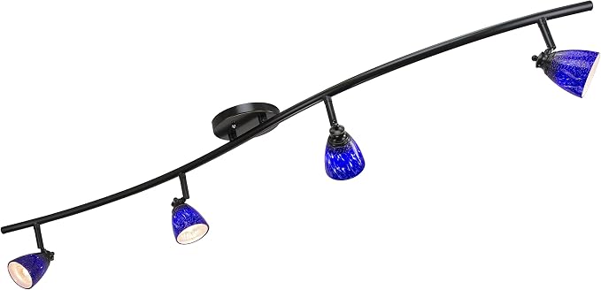 4 Lights Fixed Track Lighting Kit - Dark Bronze Finish - Blue Glass Shade - Wave Bar - D268-44C-DB-BLS