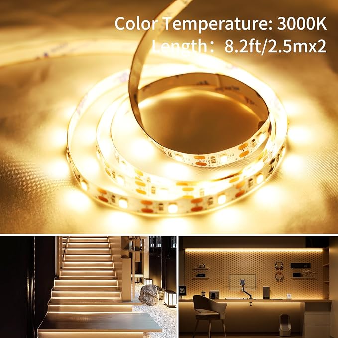 USB Warm LED Strip Lights with Battery Box, 16.4ft Warm White LED Light Strip 3000K for Under Bed, Tape Lights Under Cabinet, Kitchen, Bedroom, Christmas, Party, 8.2ft x 2pcs