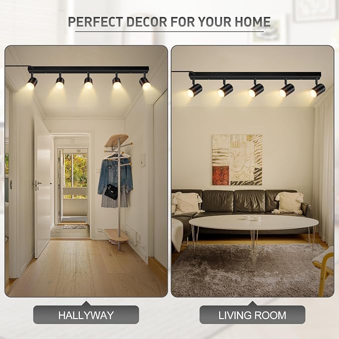 Plug in Track Lighting, LED Track Light Kit, Black 5-Light Track Lights for Kitchen, 15 FT Cord,30" Large Ceiling Spotlight, Rotatable Wall Mount Light Head for Bedroom Hallway Living Room