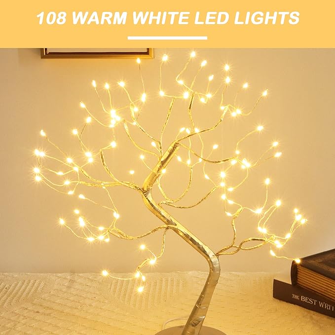 Fairy Light Tree 108 Led Twinkle Tree Fairy Light Spirit Tree Lamp Battery/USB Operated 6 Hours Timer Function with 8 Lighting Mode Golden Adjustable Branches Home Decoration (Warm White)