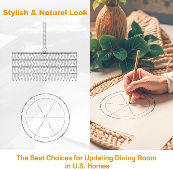 Farmhouse Chandelier Light Fixture, 5-Light Rattan Boho Chandeliers for Dining Room, Hand Woven Pendant Light with Linen Shade, Rustic Hanging Lighting for Kitchen Island, Bedroom (Bulb Not Included)