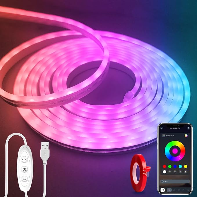 5V Neon Rope Lights，10ft RGB LED Strip Lights with App Control | Music Sync Flexible DIY Design, Neon Strip Lights for Bedroom,Living Room,Gaming,and Party Decoration(with Adhesive Backing)