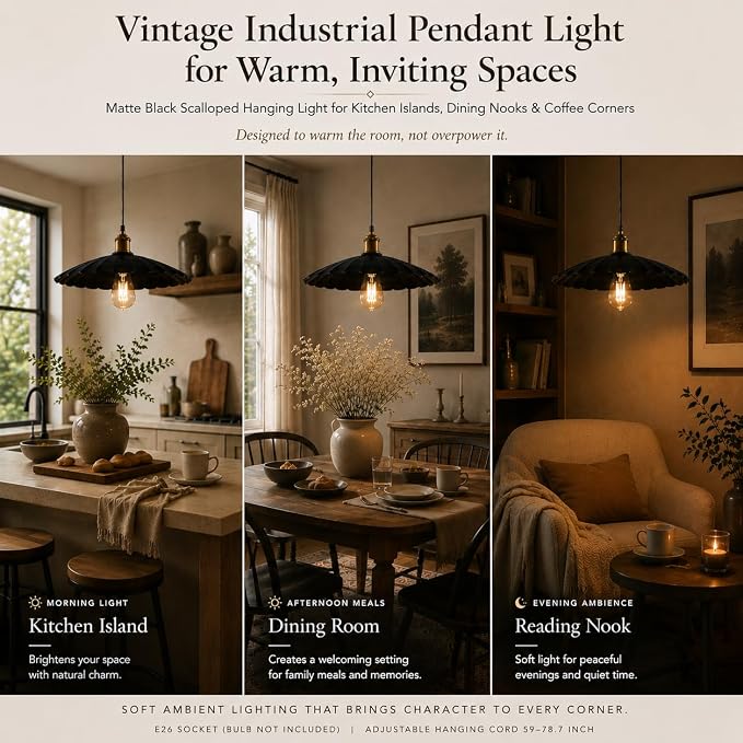 2Pack Kitchen Hanging Lights, Black Hanging Light 13.8 Inch Metal Scalloped Lampshade Farmhouse Pendant Lights Kitchen Island Vintage Pendant Light for Bedroom Bar Sofa