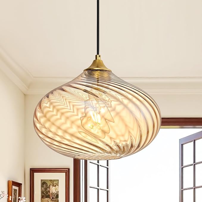 11in Gold Pendant Lights Kitchen Island with Amber Glass Shade 1Pack | Handcrafted Glass Pendant Light Fixtures, UL Certified, E26 Base 100W Max, Height-Adjustable, Dimmable Hanging Pendant Light