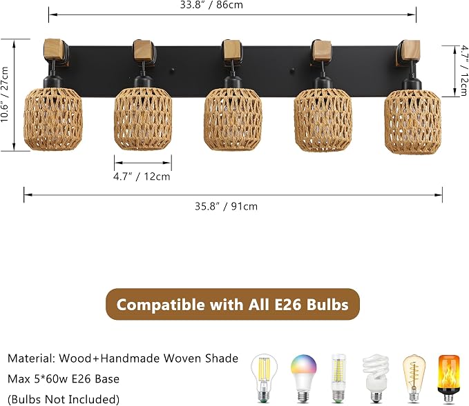 LmnLvn 5-Light Bathroom Vanity Light, Boho Farmhouse Rattan Handwoven Shade | Wood & Metal Frame, Rattan Vanity Light Design, Mounted Over Mirror, Easy To Install for Restroom, Bedroom & Hallway