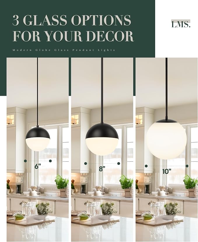 10 Inch Globe Pendant Lights, Matte Black Mid Century Kitchen Island Light Fixtures with White Globe Glass Shade, Adjustable Hanging Rod, Bar Kitchen Bedroom, LMS-186PL-BKW-10